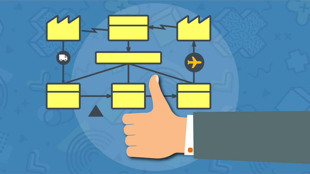 Icon showing hand doing thumbs up in front of value stream diagram