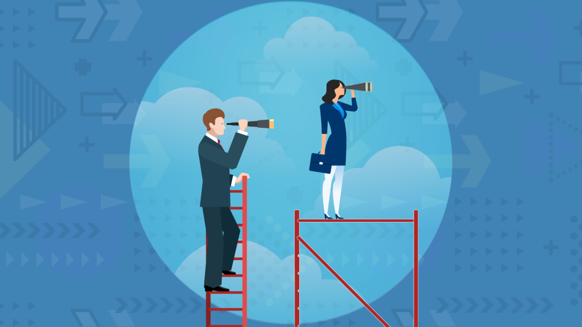 Business people scanning the horizon with telescope and binoculars