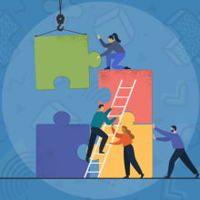 Masthead graphic depicting business people assembling giant puzzle pieces