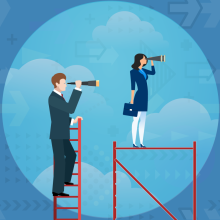 Business people scanning the horizon with telescope and binoculars
